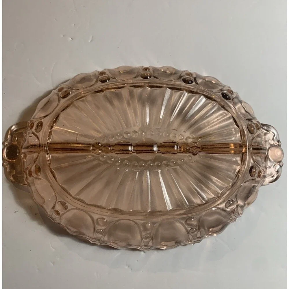 VINTAGE Hocking Depression Glass PINK Serving / Relish Bowl Dish Oyster & Pearl